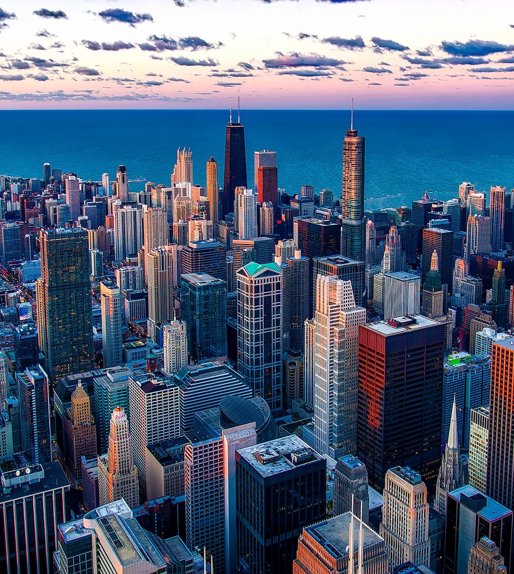 A view of the city skyline from above.