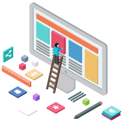 A computer monitor with a person climbing up the ladder.