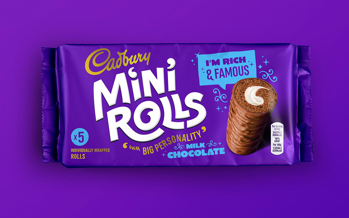 A package of cadbury mini rolls on a purple background