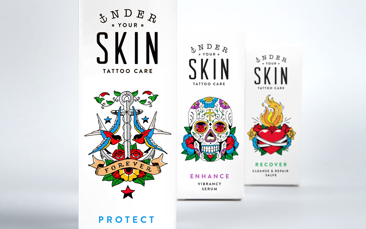 Three different tattoo care products on a white background.
